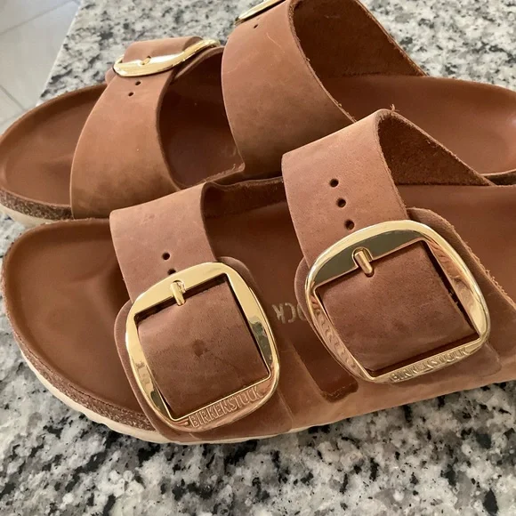 Birkenstock Brown Leather Double Buckle Sandals with Gold Buckles - Picture 4 of 9